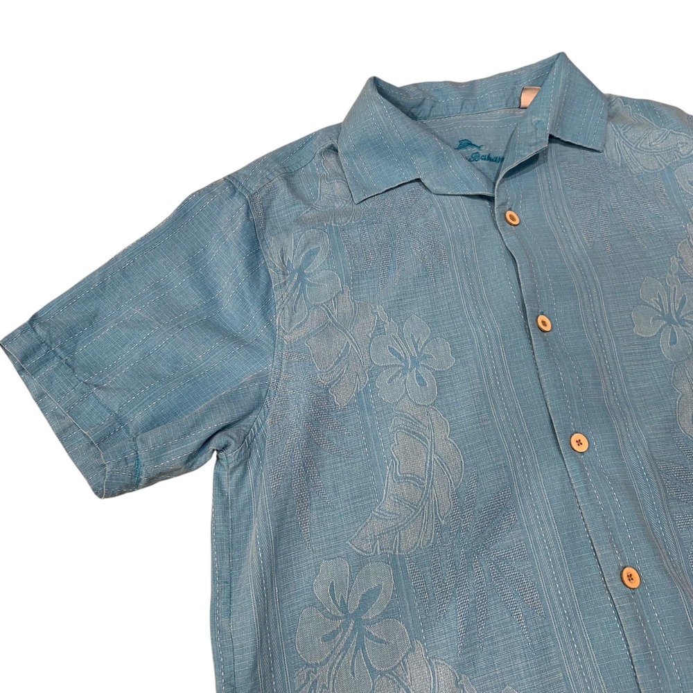 Tommy Bahama Maui Border Men's M 100% Silk Jacquard Camp Shirt Blue